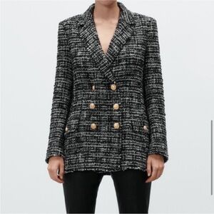 Zara Double Breasted Black and White Textured Weave Tweed Blazer